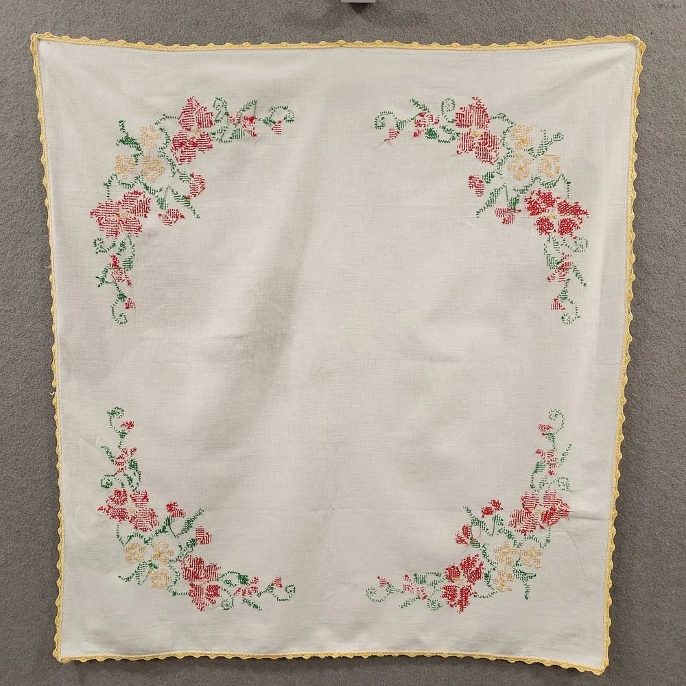Vintage Tablecloth Hand Made Embroidered Floral Crochet Lace Trim Cottage 32x35
